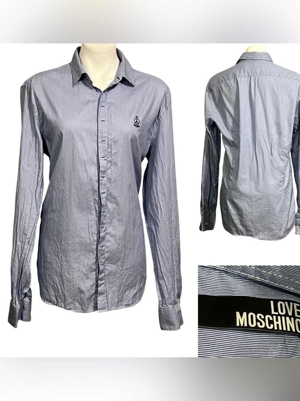 Love Moschino Button-Down Shirt XL women’s Light Blue Long-Sleeve striped cotton